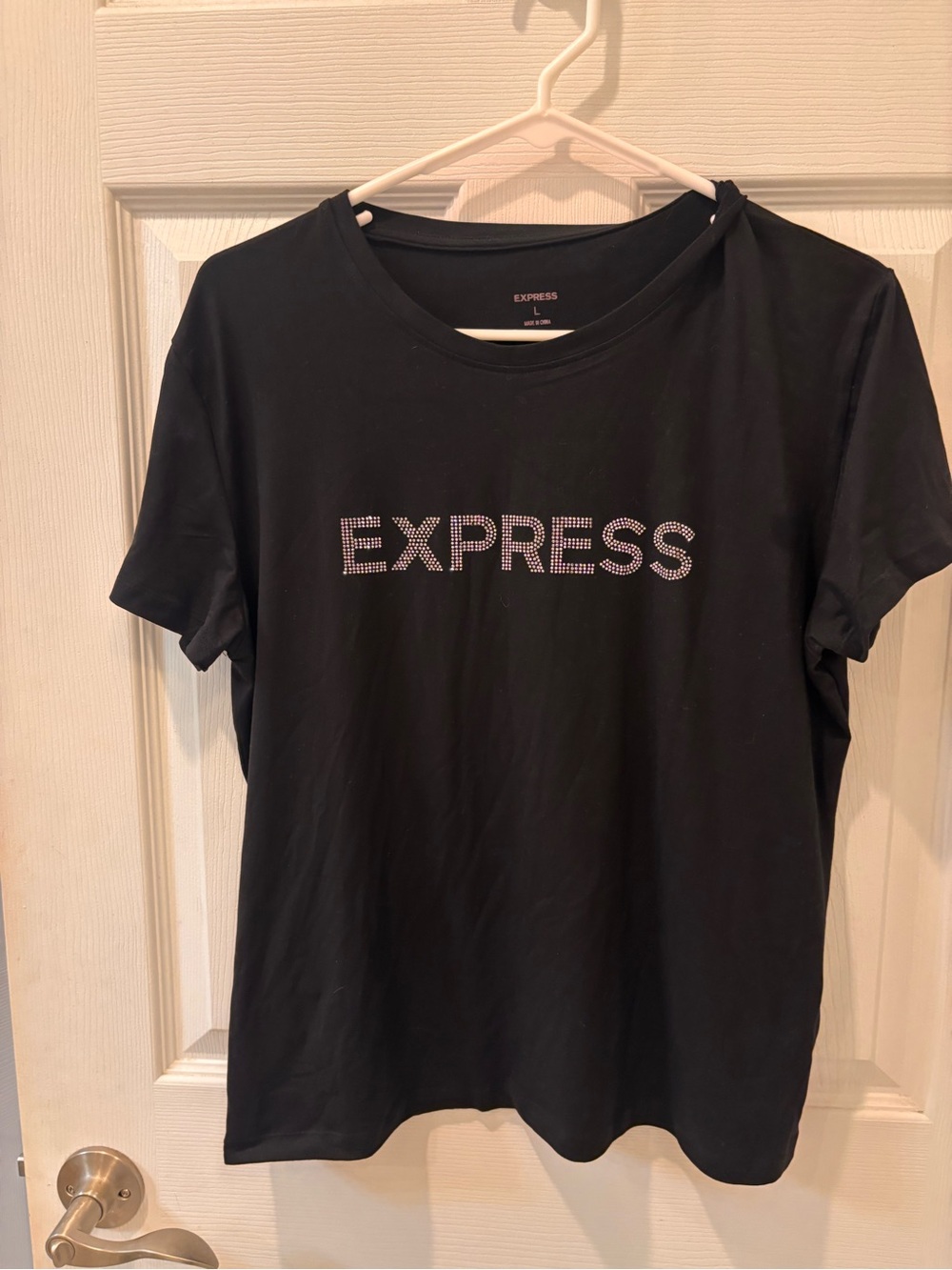 Express Black Logo Tee with Rhinestone Detail